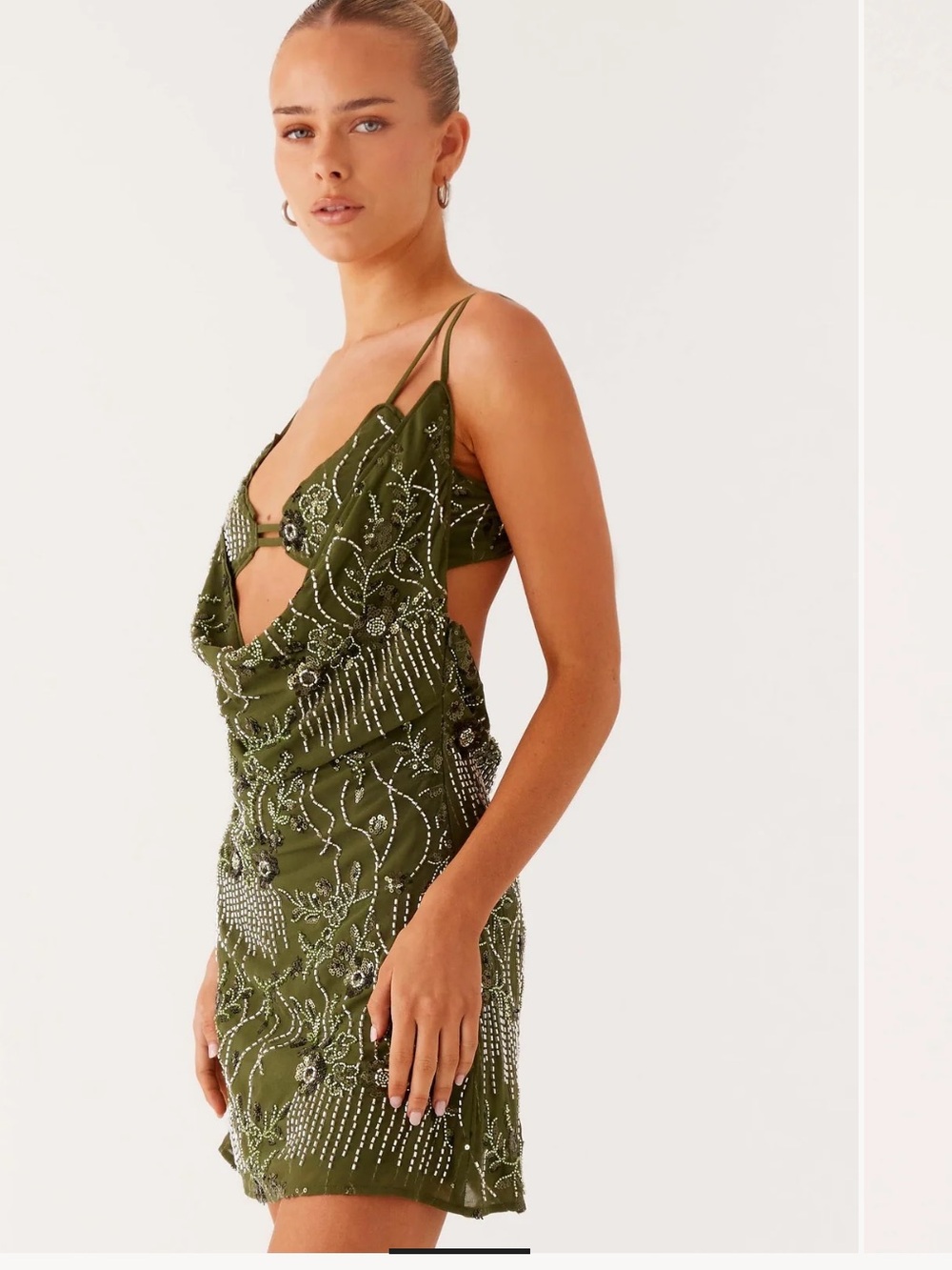 NWT Peppermayo Celosia Olive Green Beaded Embellished Cowl Mini Dress 14